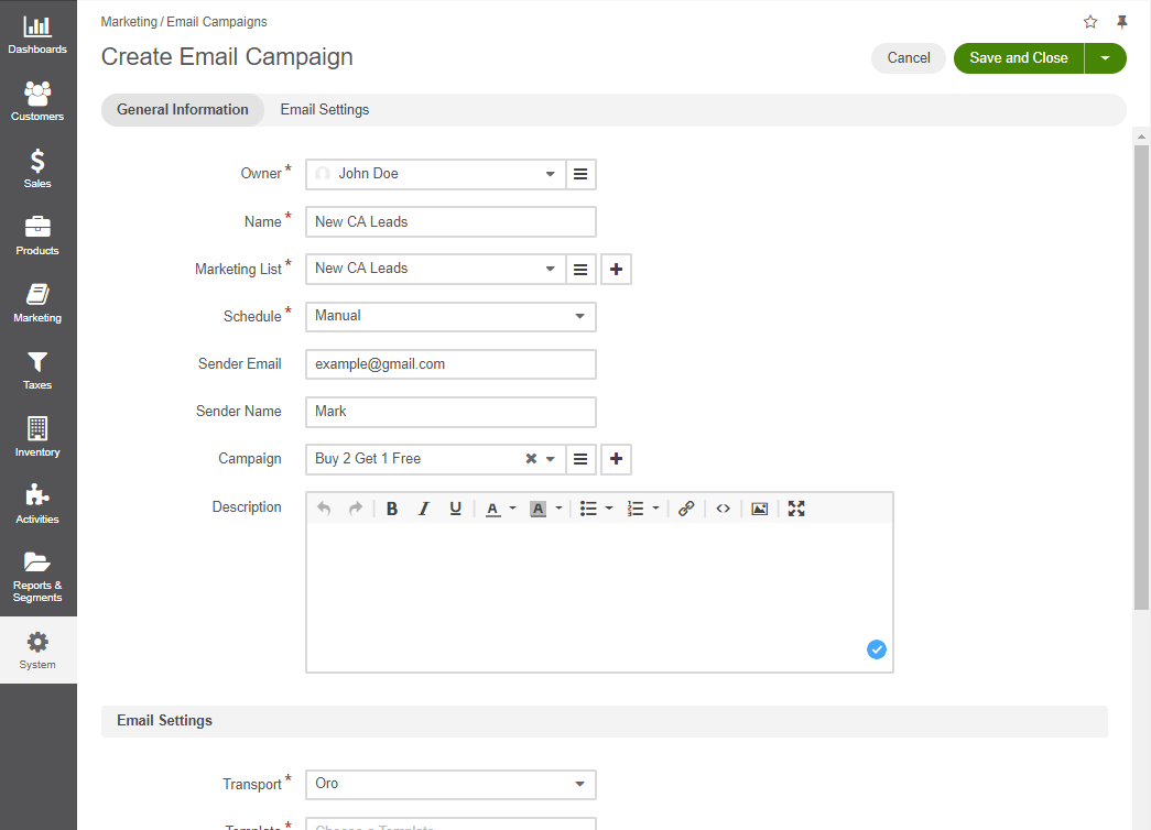 View the Create Email Campaign page