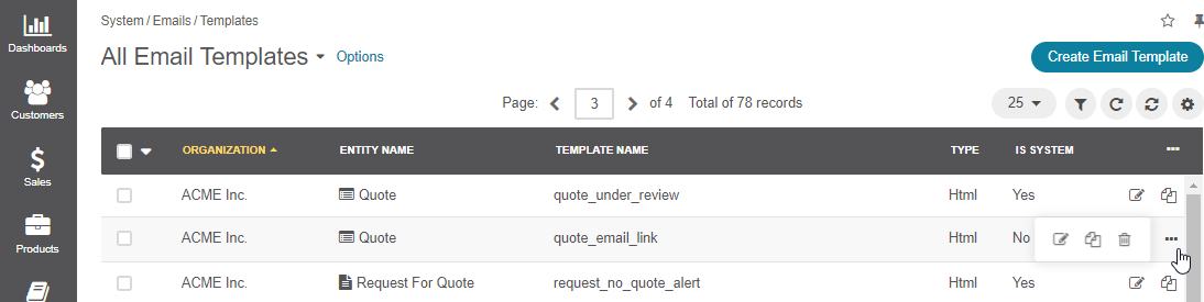 View a list of templates with three options available: edit, clone, delete