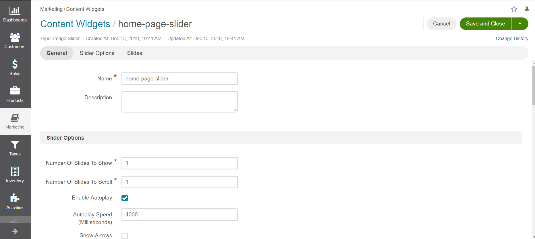 Image slider content widget form