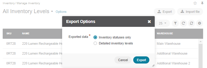 Choose whether to export inventory statuses only or detailed inventory levels