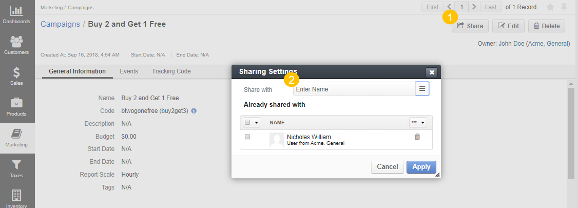 The sharing settings popup of a marketing campaign