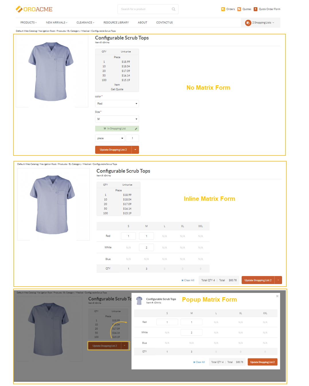 Different matrix form view options displayed on the product page in the storefront