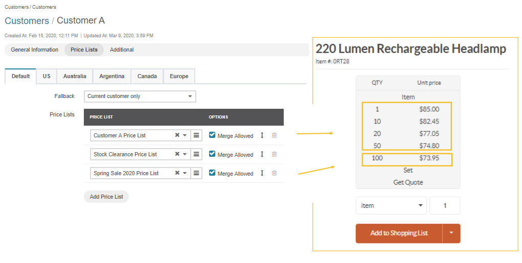 View all prices per tier for the lumen headlamp provided that Merge Allowed is enabled for all three price lists