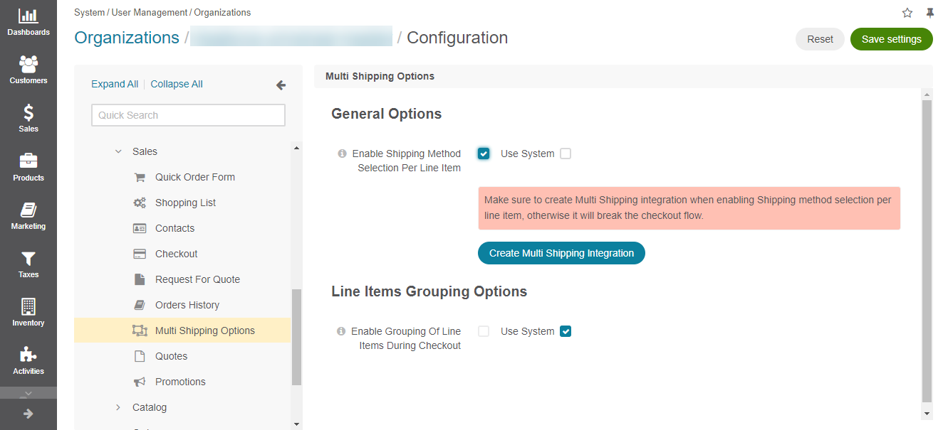Global multi shipping configuration settings and a button for the automatic integration creation