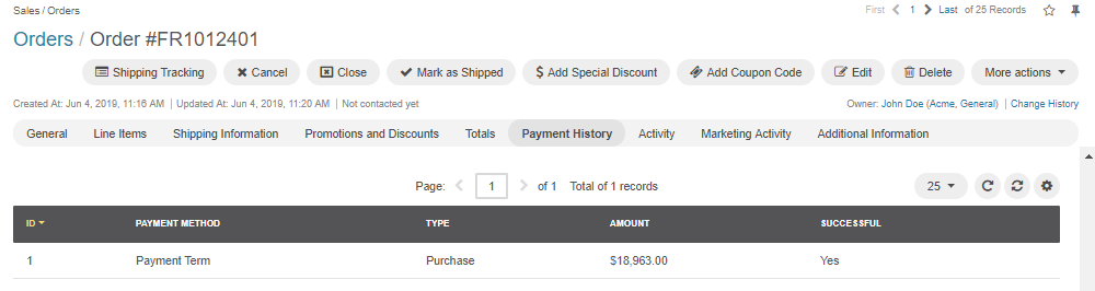 The Payment History section of the order details page