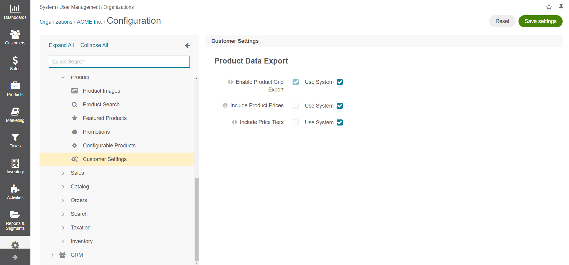 Product data export configuration options on organization level