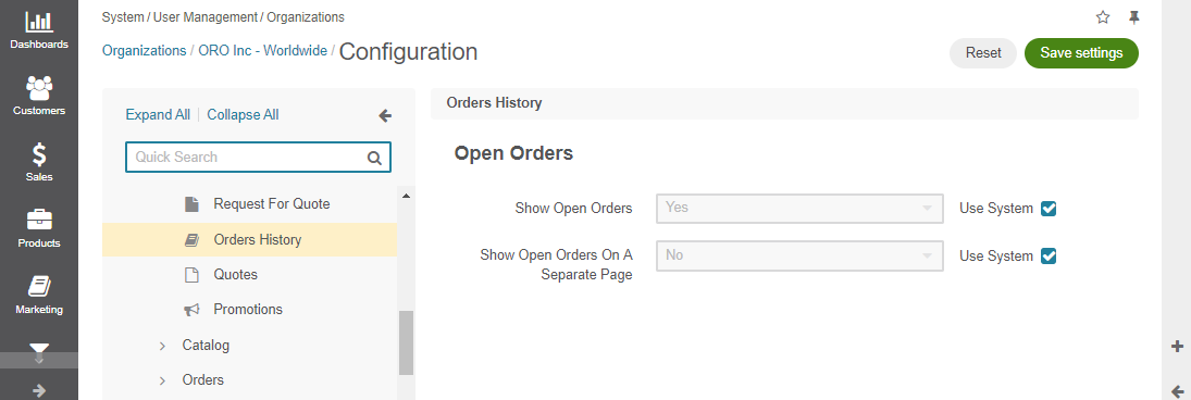 Order History setting options per organization