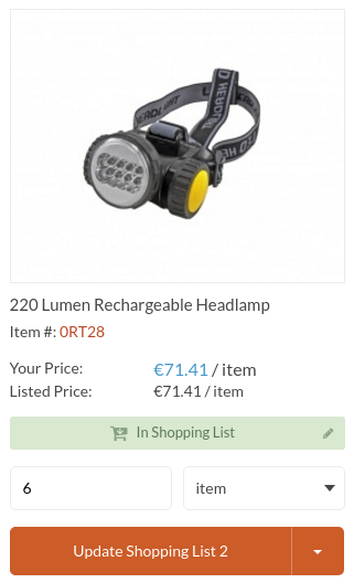 Display the prices in Euro for the lumen headlamp product
