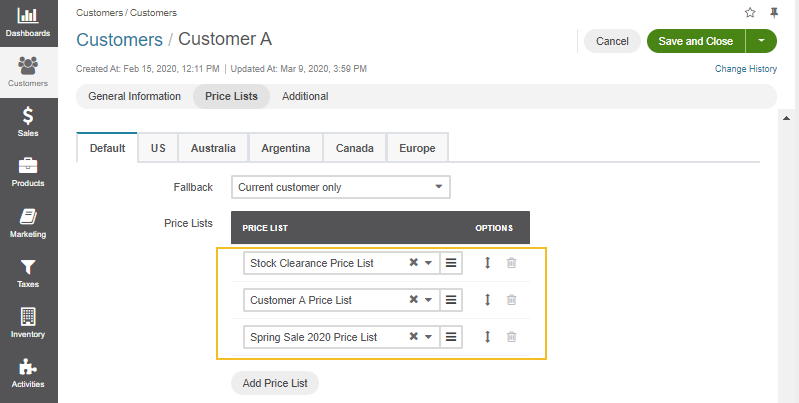 View the three price lists assigned to Customer A