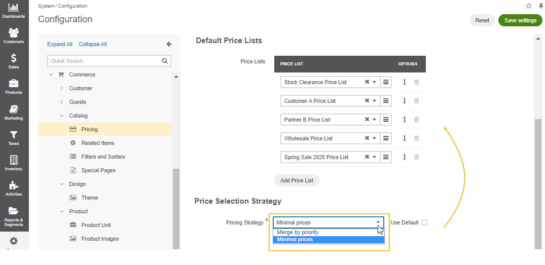 Set a pricing selection strategy in the system configuration