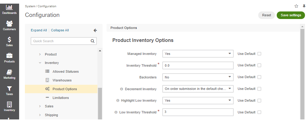 Global product inventory options configuration