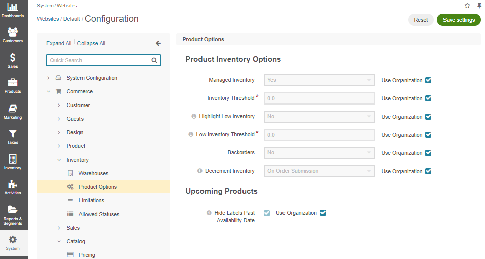 Product options configuration per website