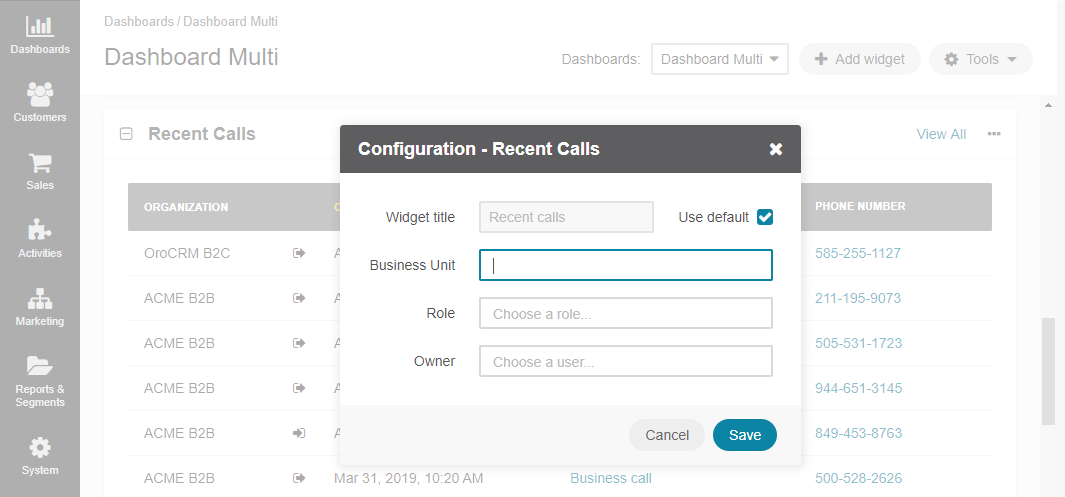 Configuring the Recent Calls widget