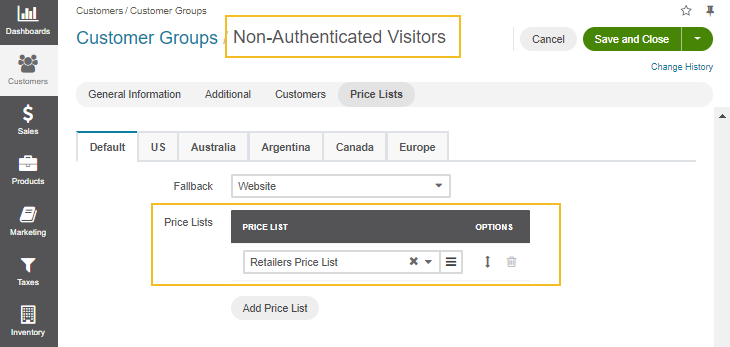Add the retailers price list to the Non-Authenticated Visitors customer group