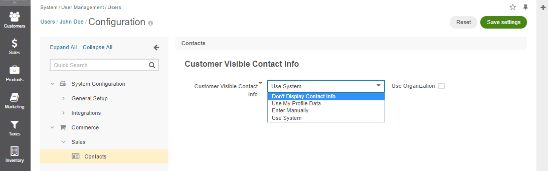 Selecting customer visible contact info in the contacts menu on the user configuration level