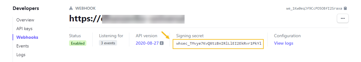 Highlighting the signing secret in the Stripe dashboard