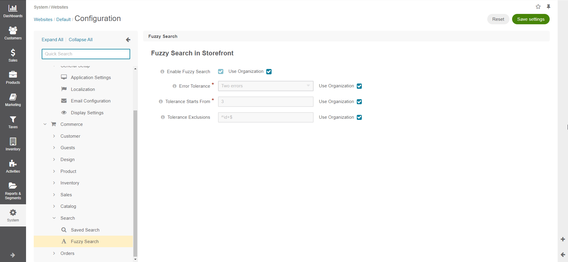 Storefront fuzzy search configuration options on the website level