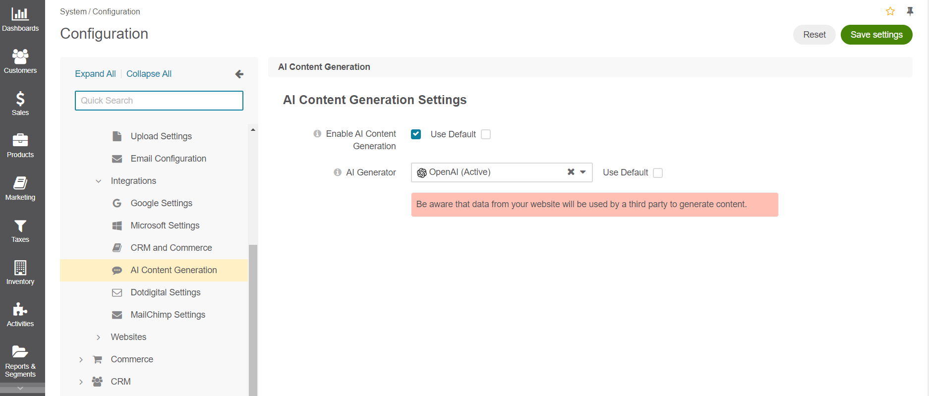 Global AI configuration settings