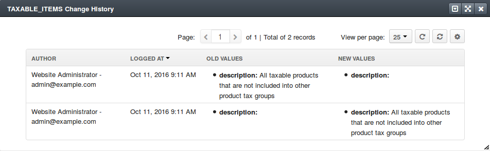 The log of edits of this product tax code