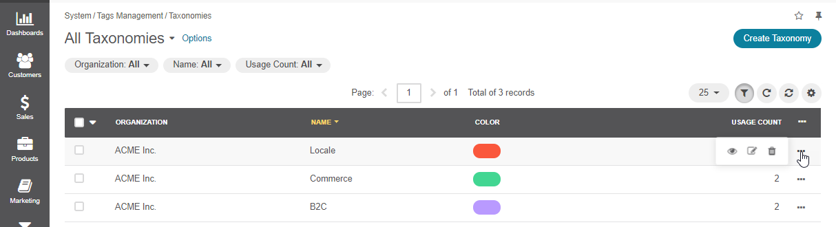 The actions available for the taxonomies in the grid
