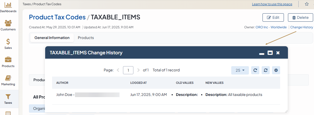 The log of edits of this product tax code