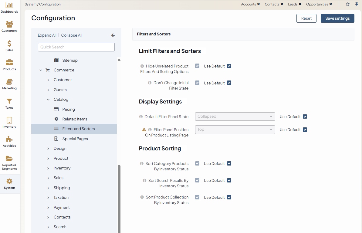 Filters and Sorters global configuration settings