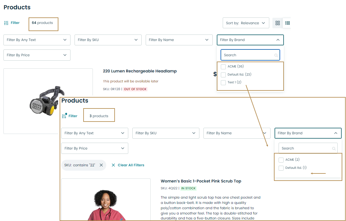 The storefront product page illustrating the Hide Unrelated Product Filters and Sorting Options configuration
