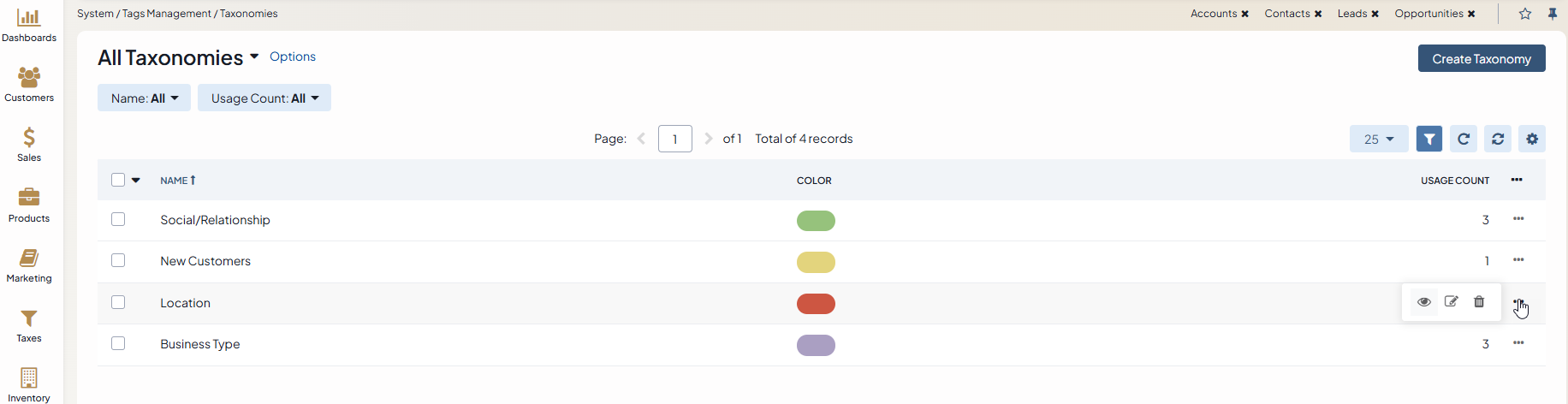 The actions available for the taxonomies in the grid