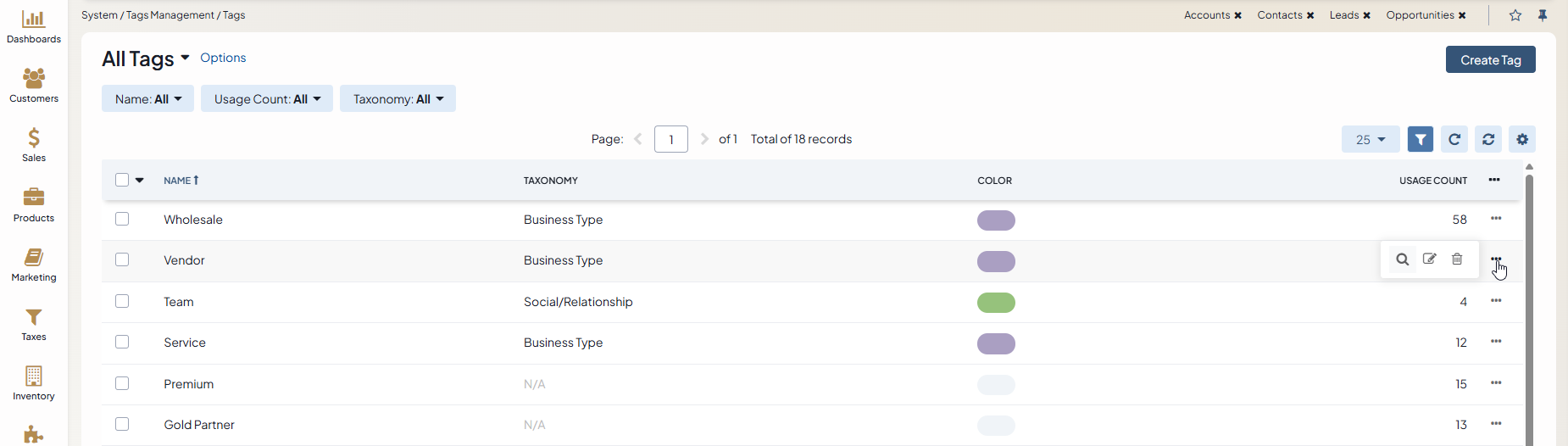 The actions available for the tags in the grid