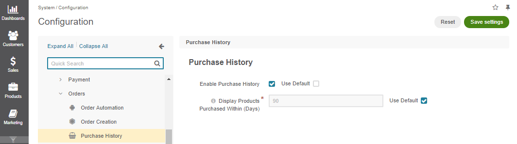 Global purchase history configuration settings