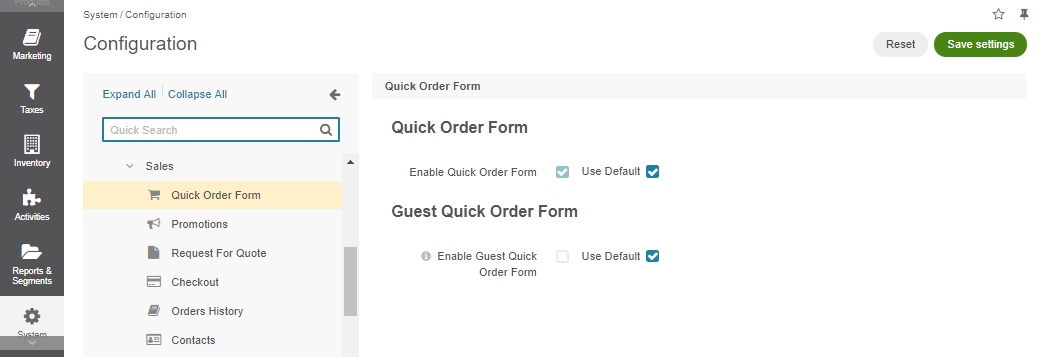 Global quick order form configuration
