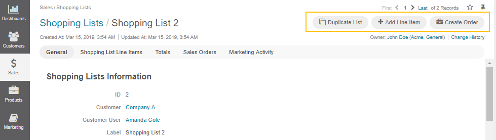 The actions you can perform from the shopping list view page