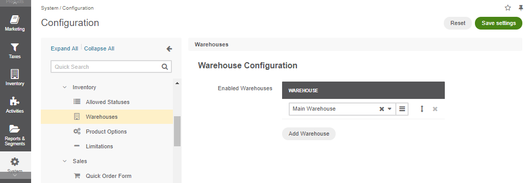 The list of all warehouses available in the system