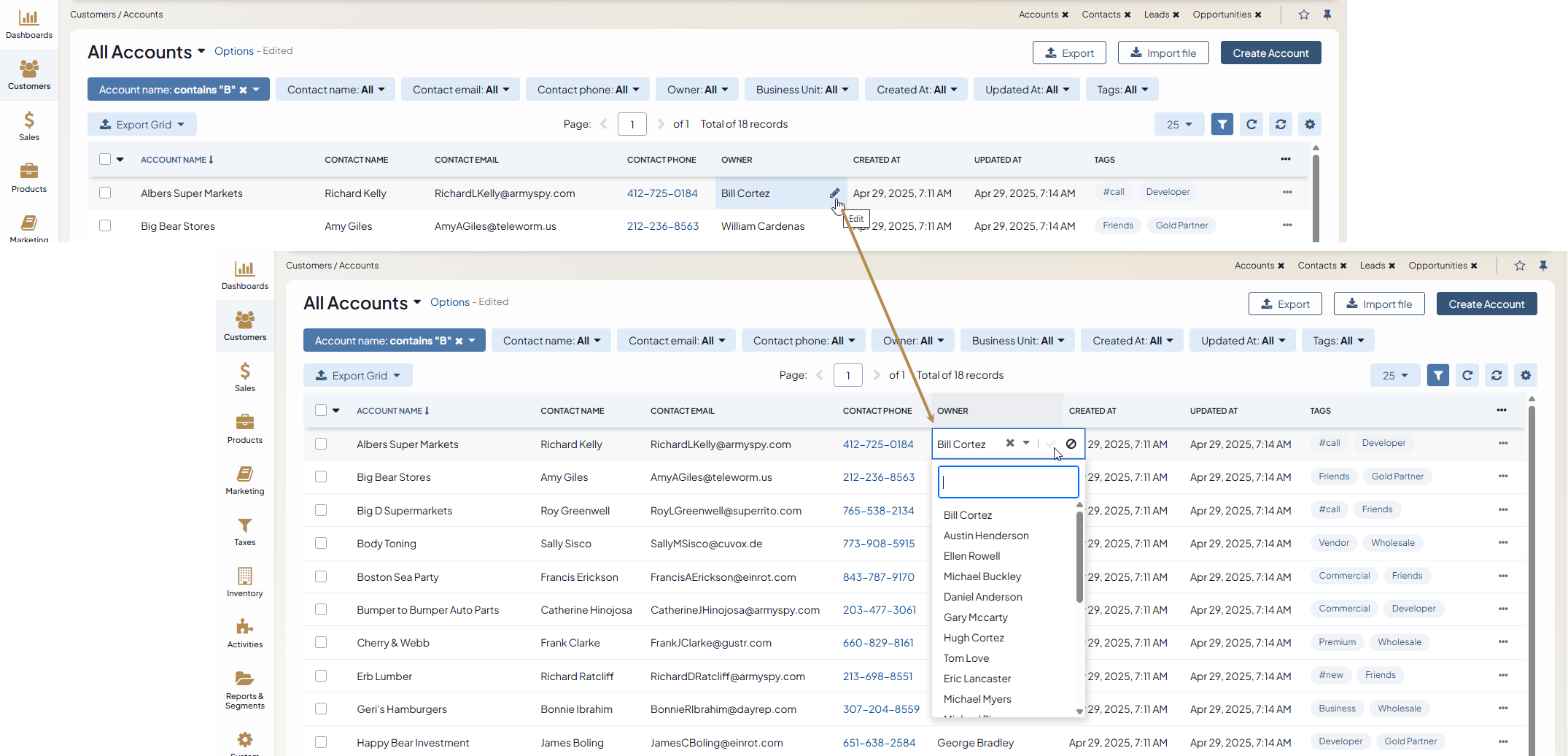 Inline editing for specific columns on the page of all accounts