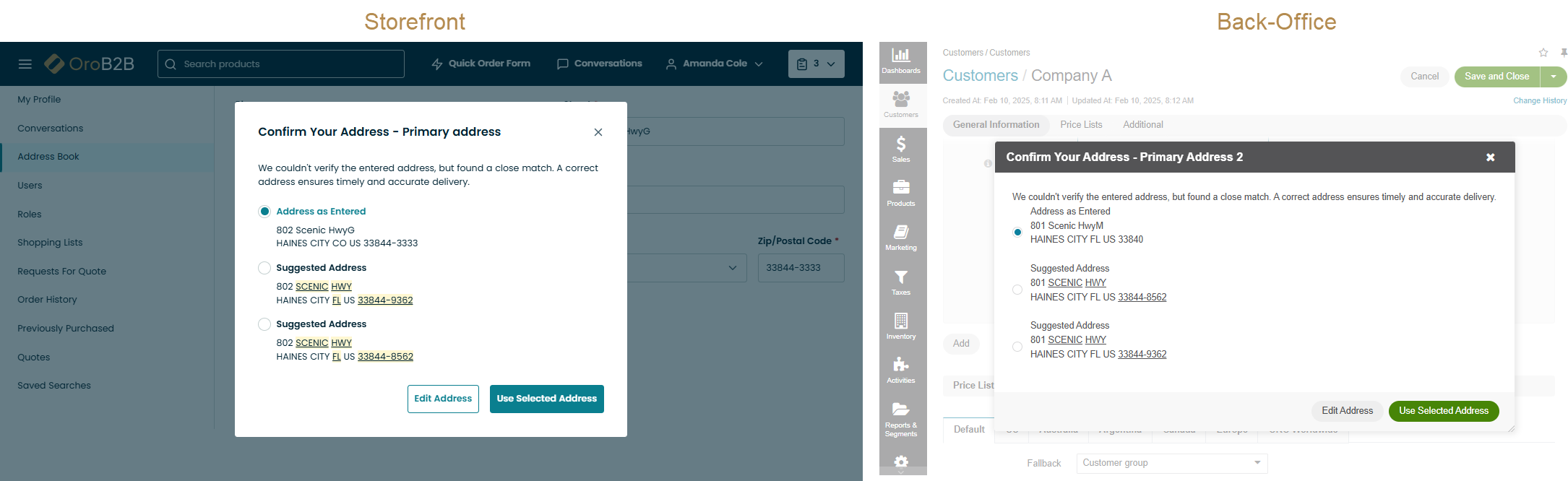 Address Validation popup dialog with 2 suggestions to the entered address in the storefront and back-office