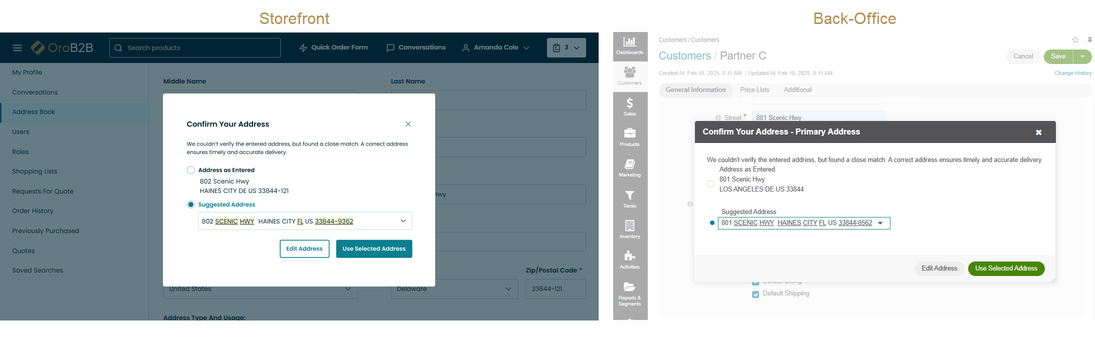 Address Validation popup dialog with suggestions to the entered address appear in a dropdown in the storefront and back-office