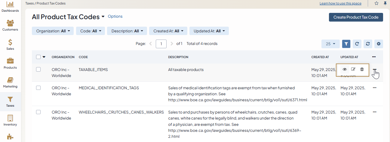The general page of all product tax codes