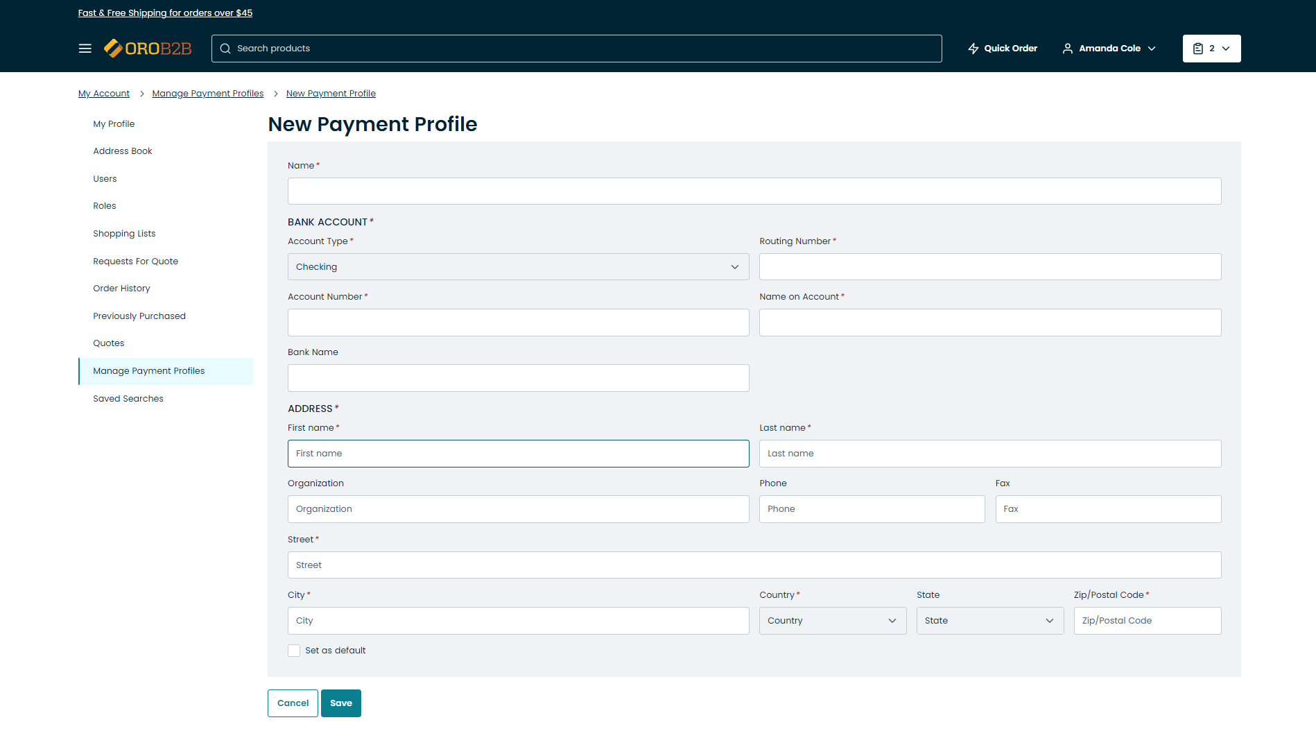 Add a new bank account payment profile