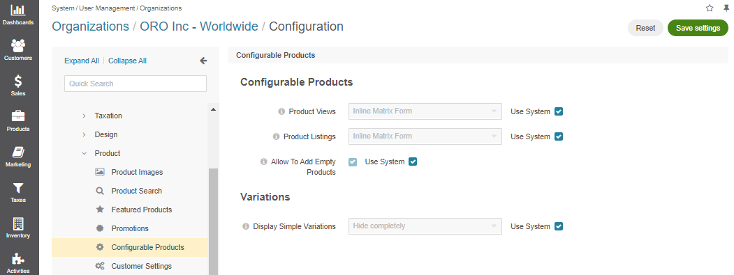 Configurable products settings per organization
