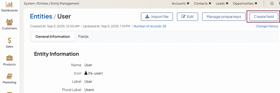 Highlighting the Create field button