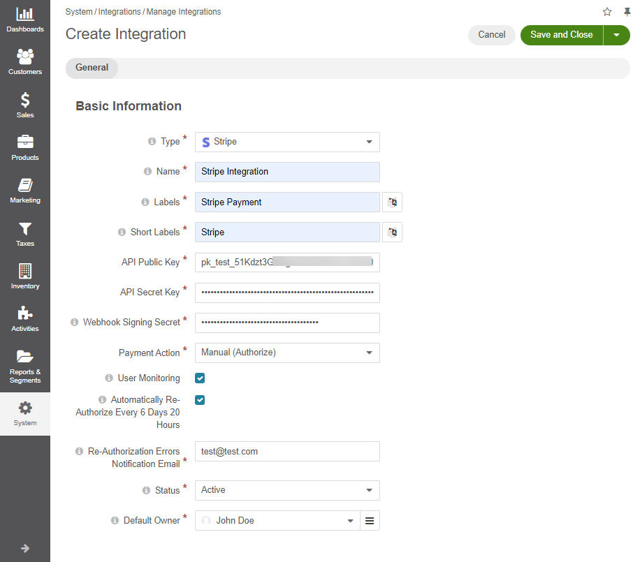 Create an integration with Stripe in the back-office