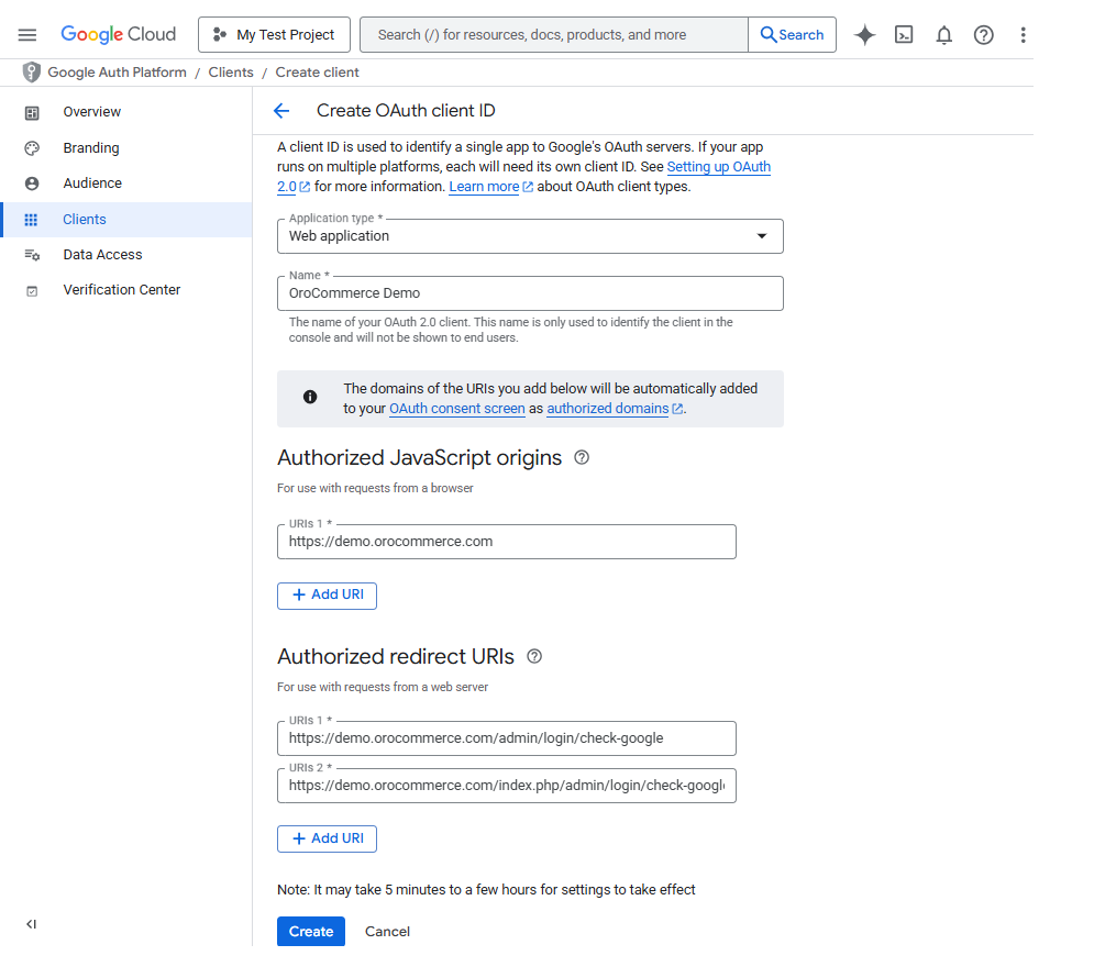 The details you need to provide to configure to create OAuth client ID