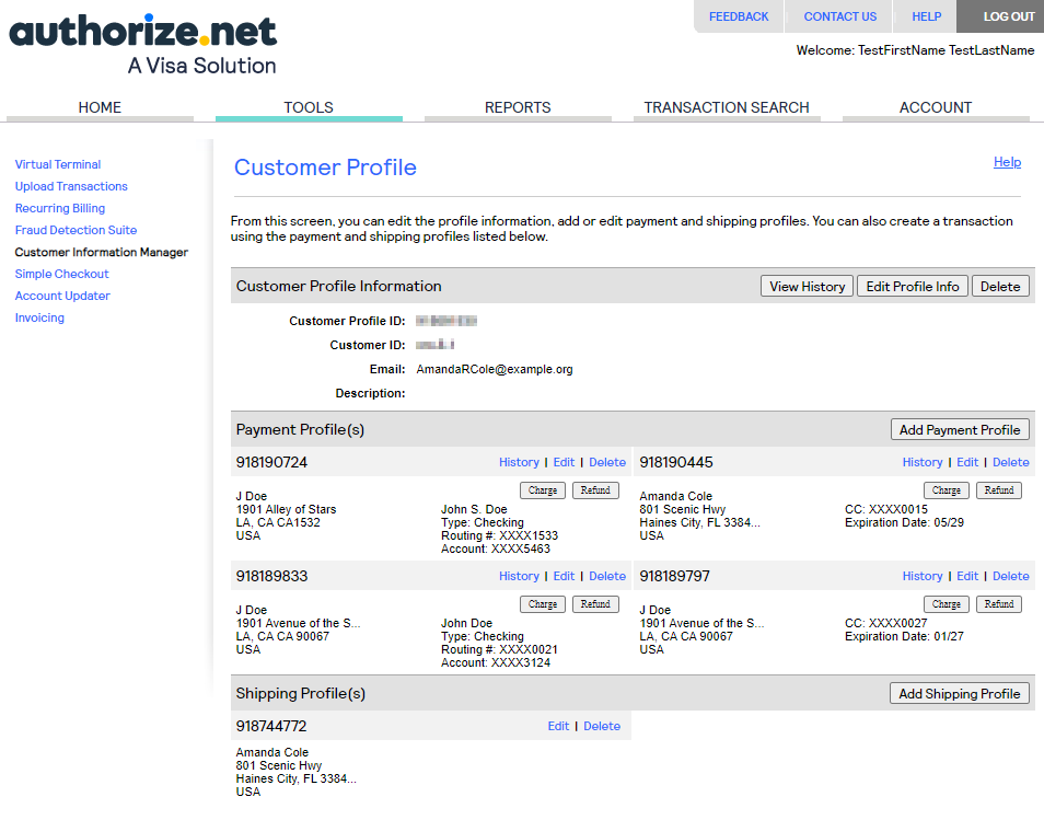 Credit card details on the authorize.Net side