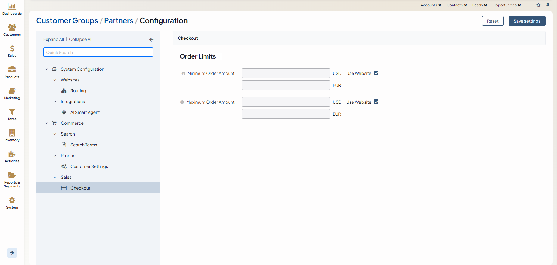 Checkout order limits customer group configuration settings