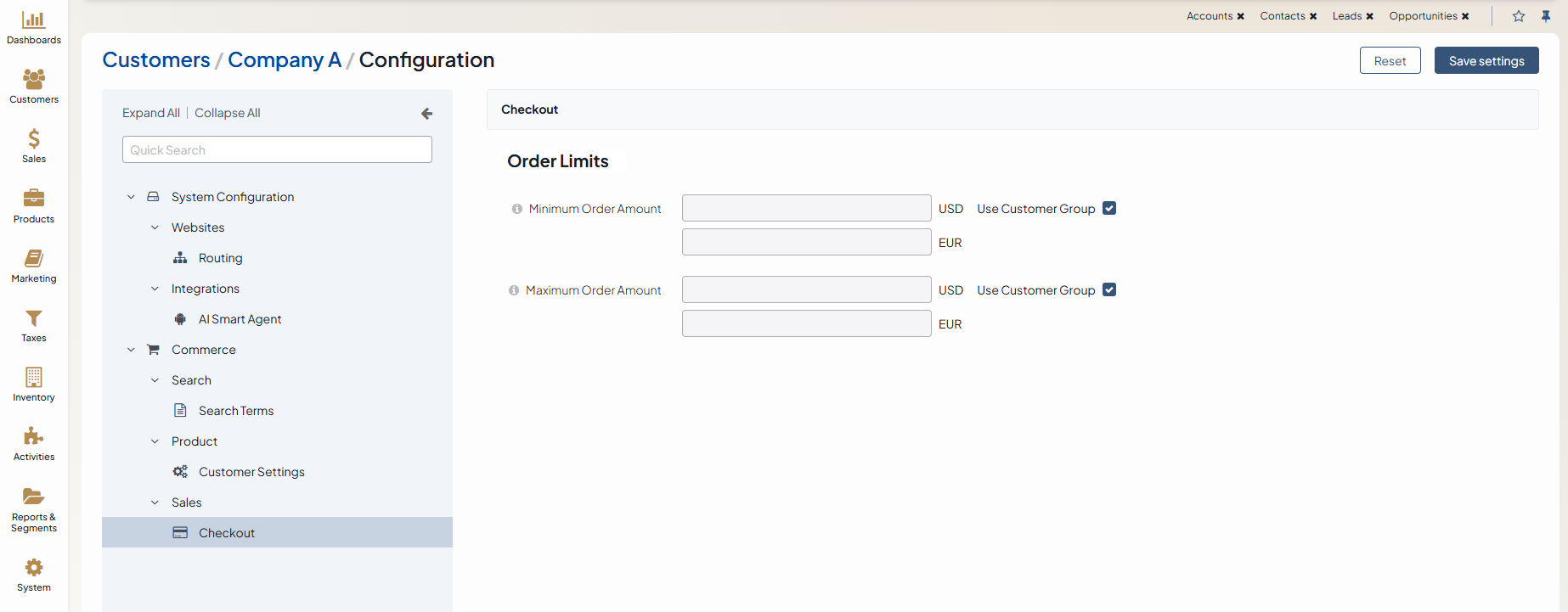Checkout order limits customer configuration settings