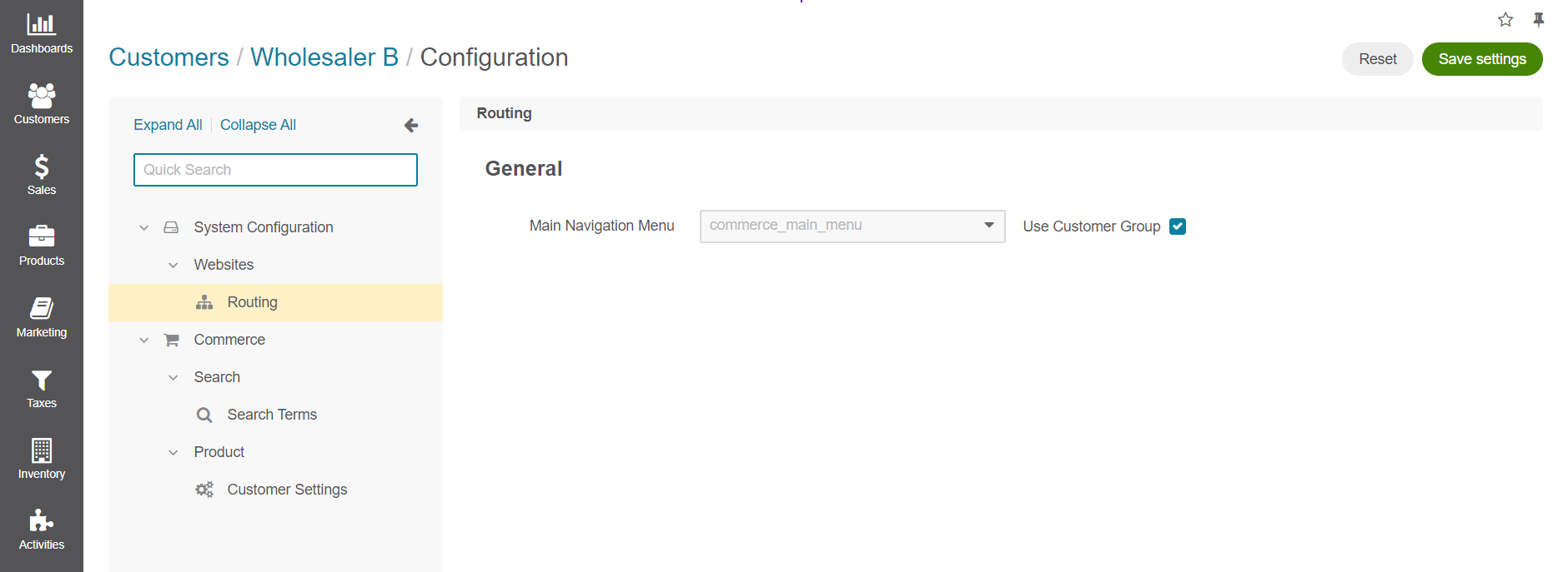 Customer group routing terms configuration settings