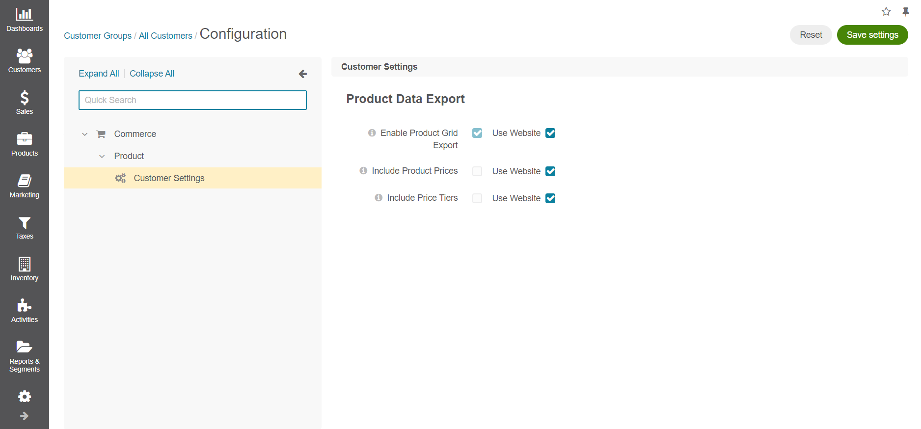 Product data export configuration options on customer group level