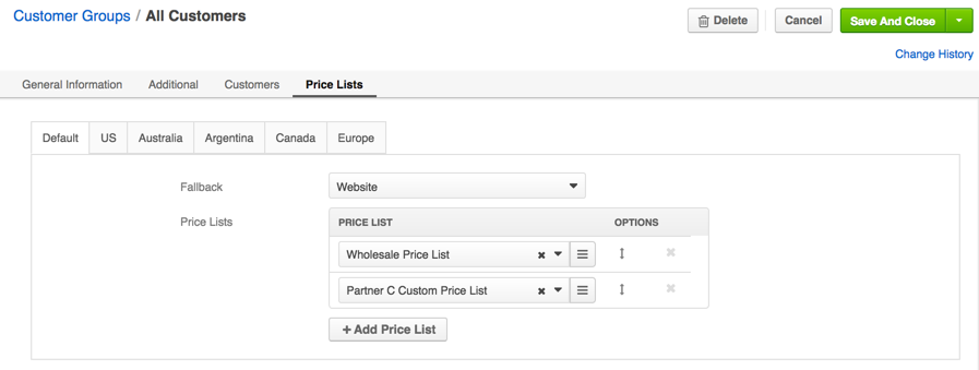 The price list section of the All Customers customer group