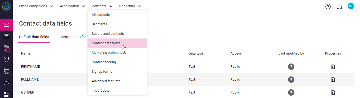 Navigate to Contact Data fields under the Contacts main menu in the Dotdigital side