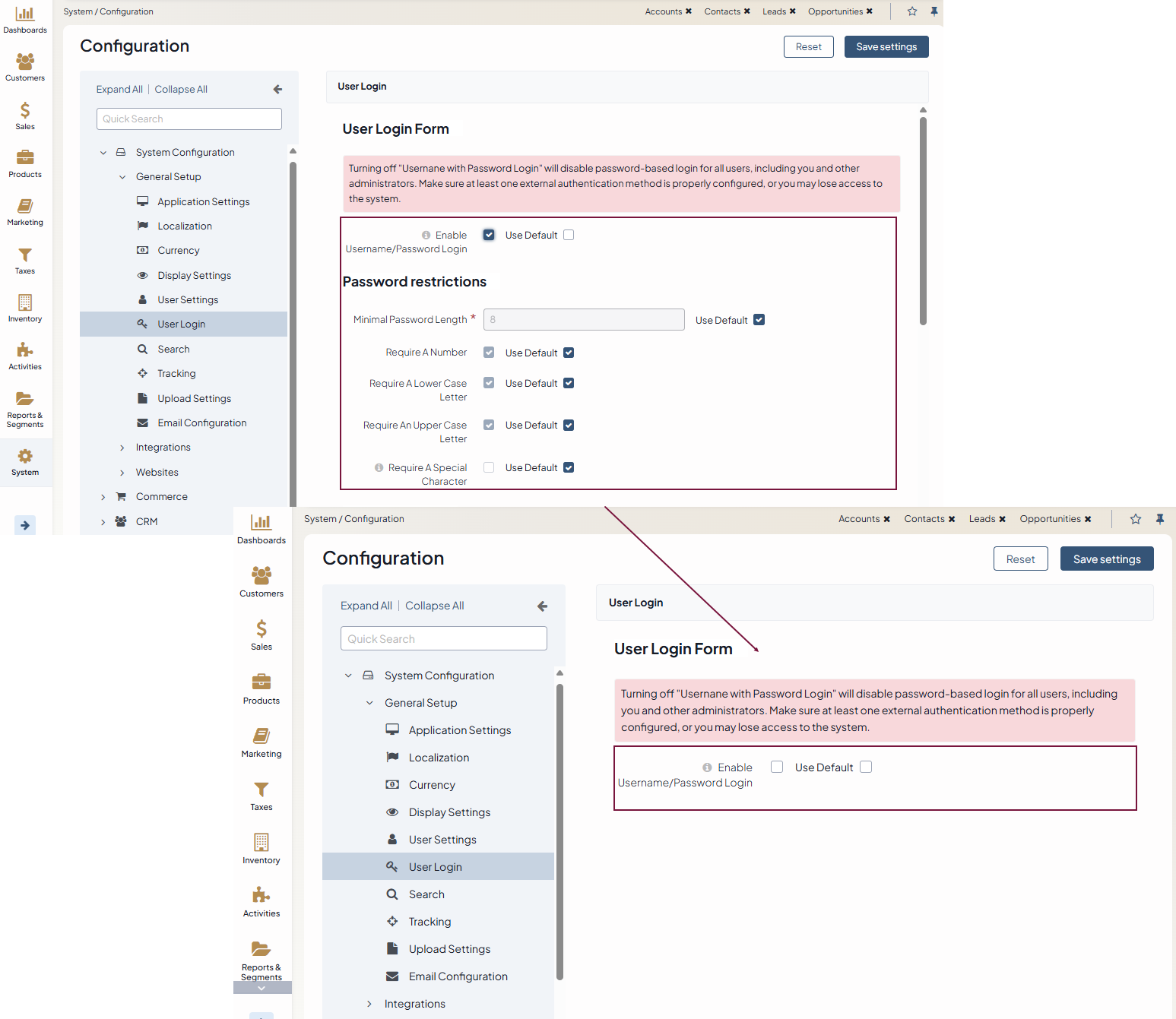 Comparison of two user login forms: one with username/password login enabled and one with it disabled.